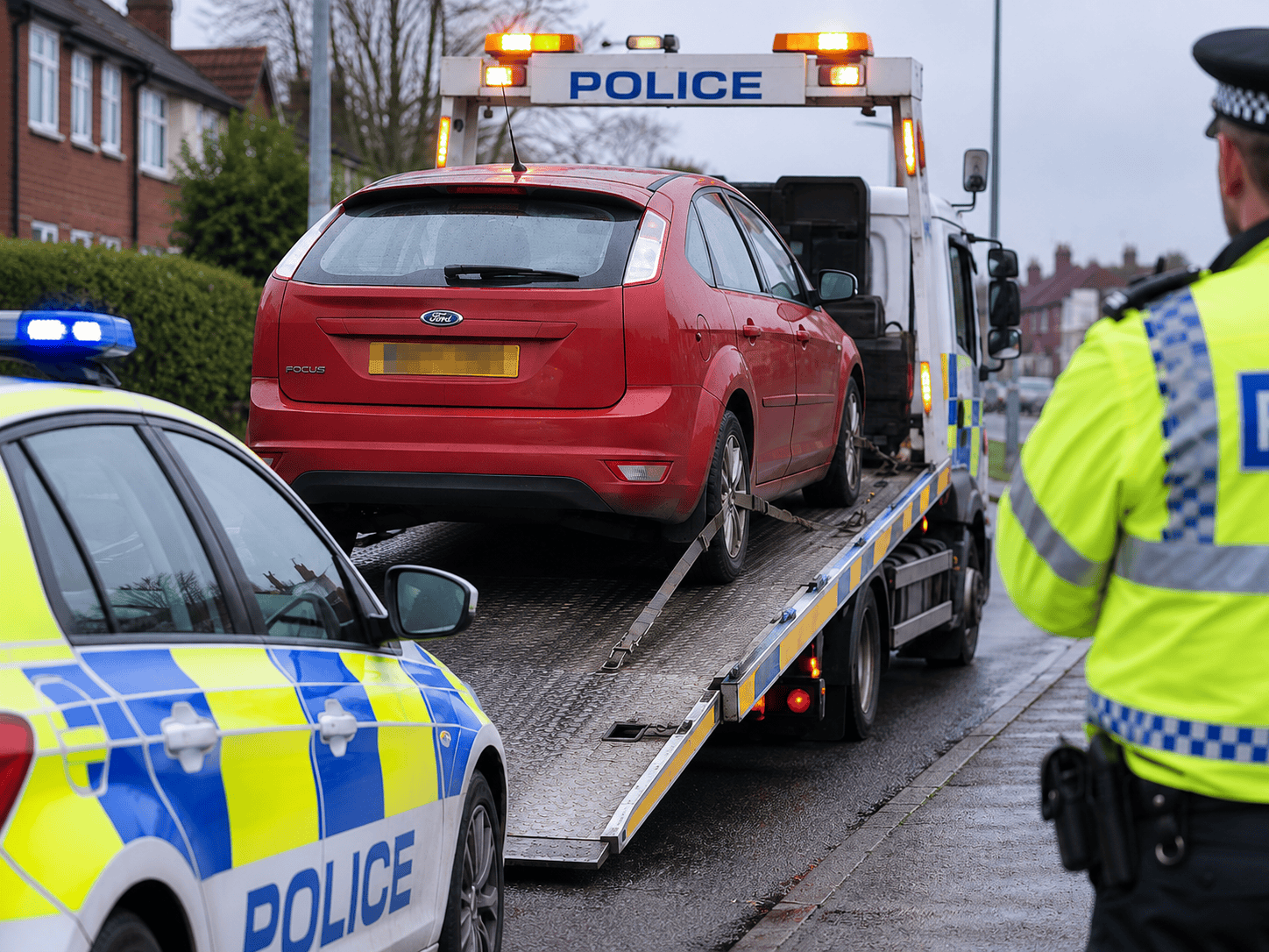 Hatchback being loaded onto tow truck with police on site