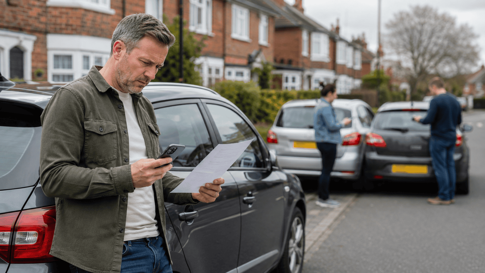 Minor accident on suburban Roadside. Two drivers in background exchanging information. Another person in foreground with phone and printed page, assessing his insurance costs