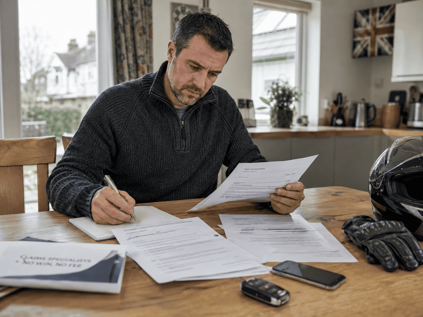 Motorcyclist Reviewing Insurance papers at a dining table