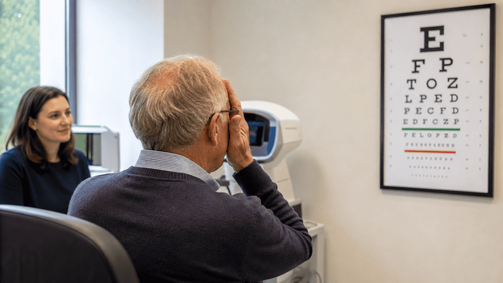 Elderly person sitting an eye examination using a Snellen Chart