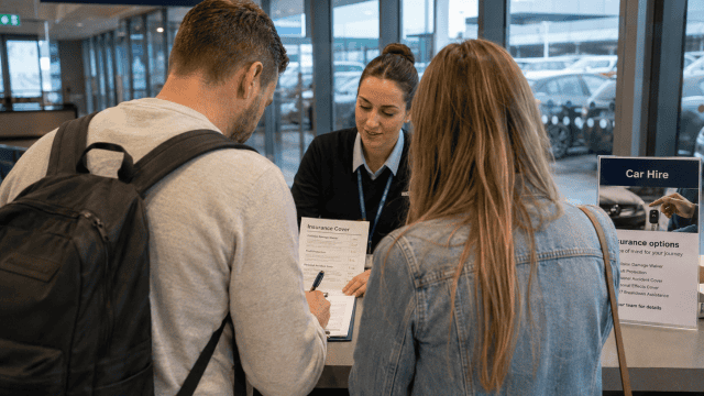 Man and woman signing hire car agreement and car insurance at airport