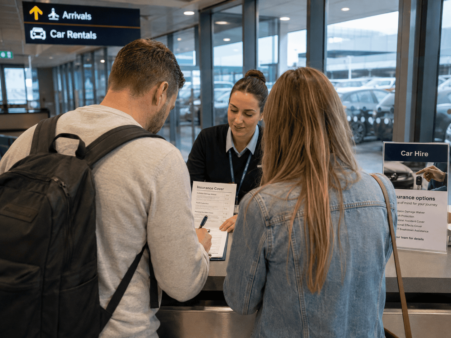 Man and woman signing hire car agreement and car insurance at airport