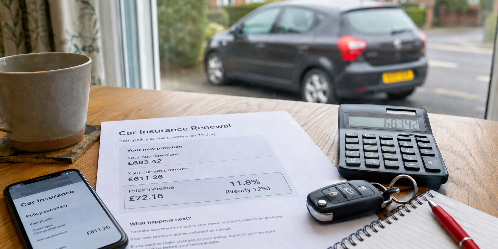 Cluttered desk with Car Insurance Documents, mug, pen and calculator. The renewal costs are significantly higher than last year
