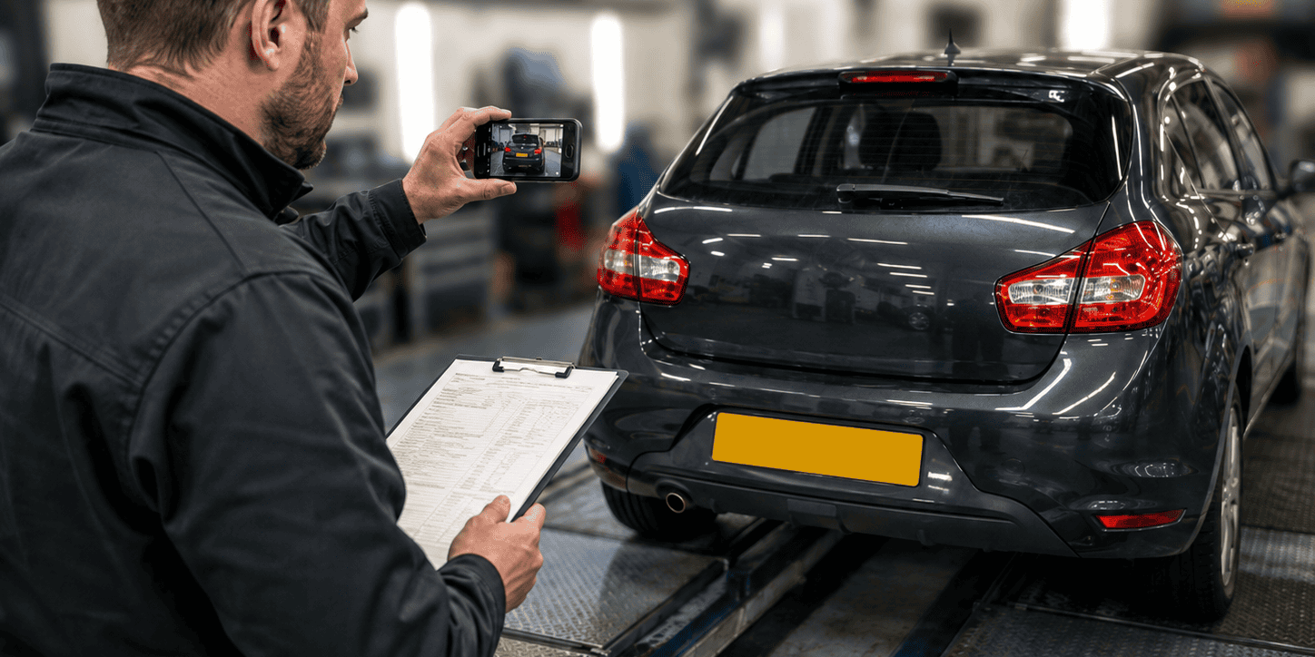 A mechanic with clipboard and checklist takes a photo of car he is assessing in the garage