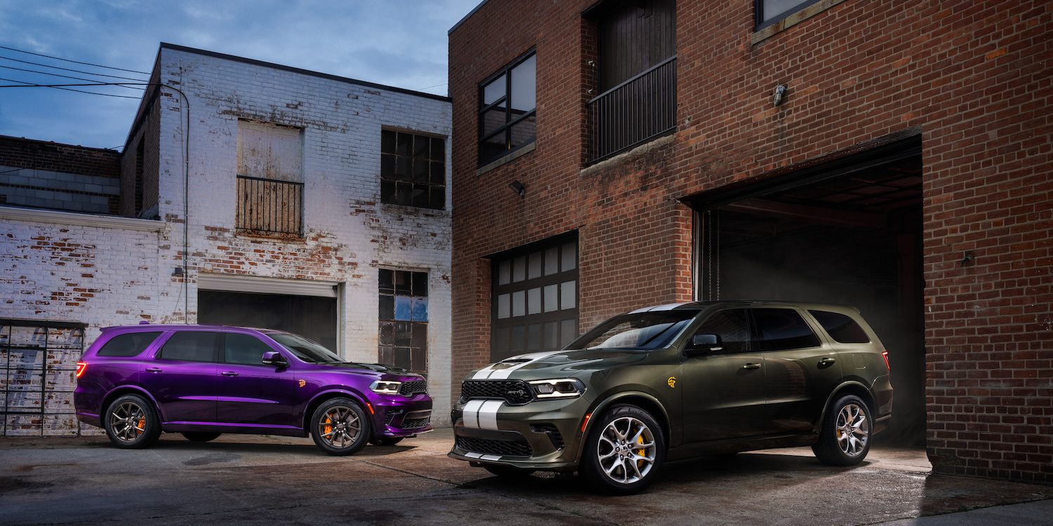 2026 Dodge Durango SRT Hellcat Jailbreak in Green Machine (front). A Jailbreak Custom Color program will allow select Dodge customers to paint their Durango SRT Hellcat Jailbreak in nearly any color imaginable, including Stryker Purple (shown at rear).