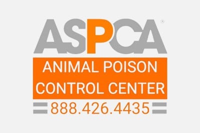 Logo of the ASPCA Animal Poison Control Center, designed in gray and orange, featuring the veterinarian hotline number 888.426.4435.