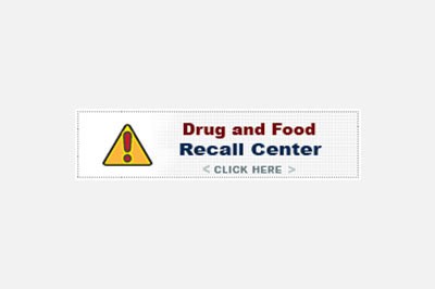 A digital banner reading "vet drug and food recall center" with a warning triangle icon, and a clickable button that says "click here".