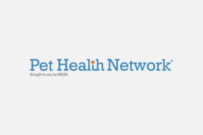 Logo of "vet health network," featuring blue text with the word "health" emphasized in a darker shade. Underneath is a subtitle "brought to you by IDEXX" in gray.