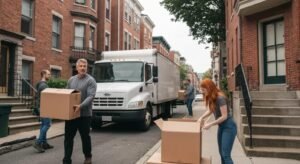 Moving truck in a Boston neighborhood with people packing boxes, representing local moving safety tips