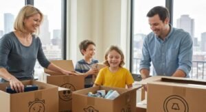Family packing eco-friendly moving boxes in Boston, highlighting sustainable relocation practices