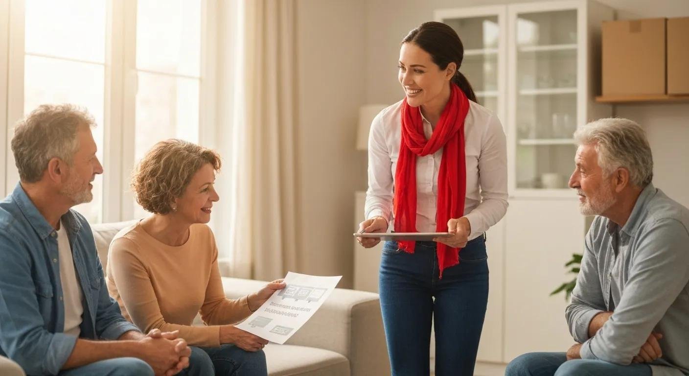 A moving consultant clearly explaining a detailed quote to a family, emphasizing honest pricing