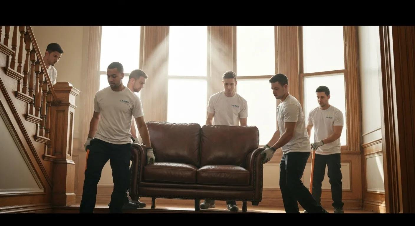 Professional movers carefully maneuvering a large sofa down a set of stairs