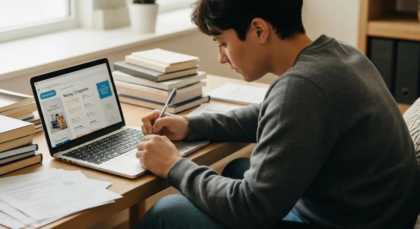 Person evaluating moving company reviews with notes and a laptop, illustrating the analysis process