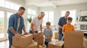Family packing for a move, illustrating the theme of affordable moving services and teamwork