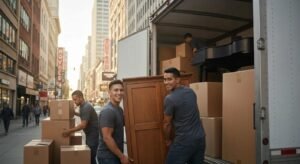 Professional local movers loading a truck with boxes and furniture in an urban environment