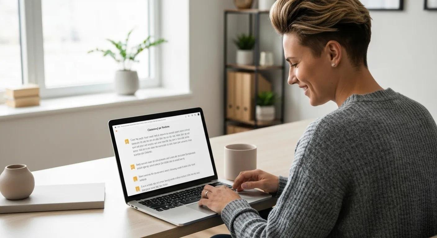 A person thoughtfully reading customer reviews on a laptop in a comfortable home office, emphasizing the importance of feedback when selecting movers