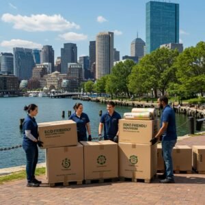Boston's eco-conscious movers utilizing reusable containers and earth-friendly materials against the city skyline