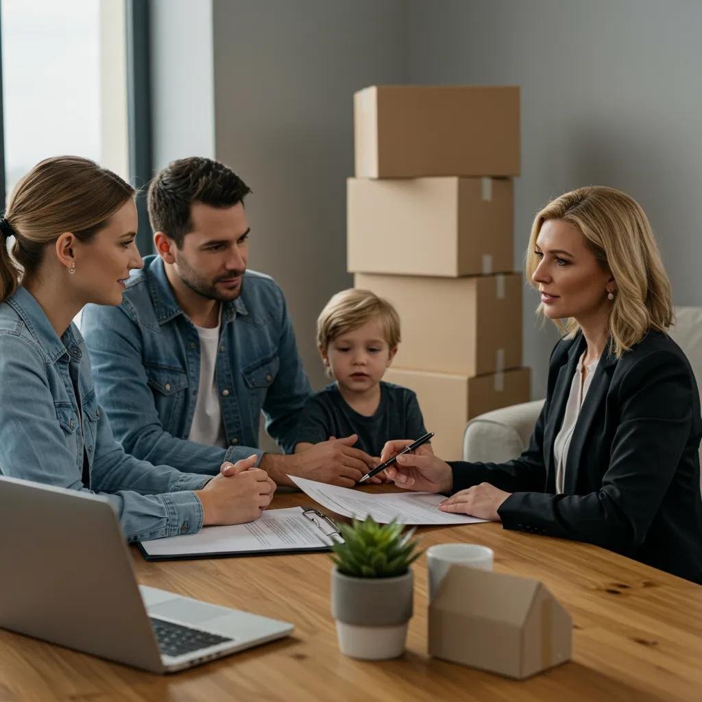 A family reviewing moving insurance options with a professional consultant in a comfortable office setting
