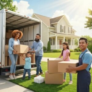 Family packing for a long-distance move with boxes and a moving truck