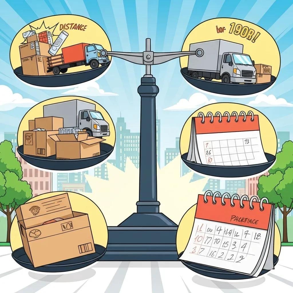 Illustration of factors affecting long-distance moving costs with a scale and items