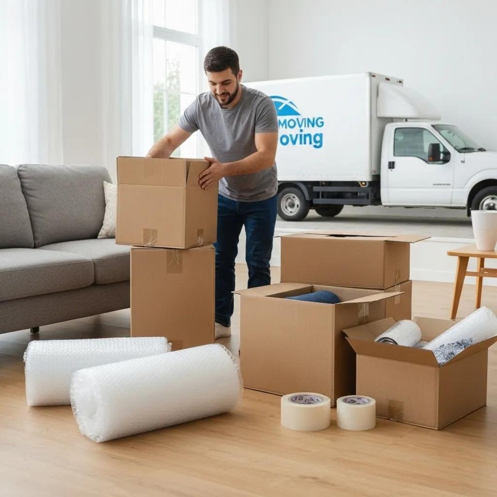 Person packing boxes in a living room for a DIY local move