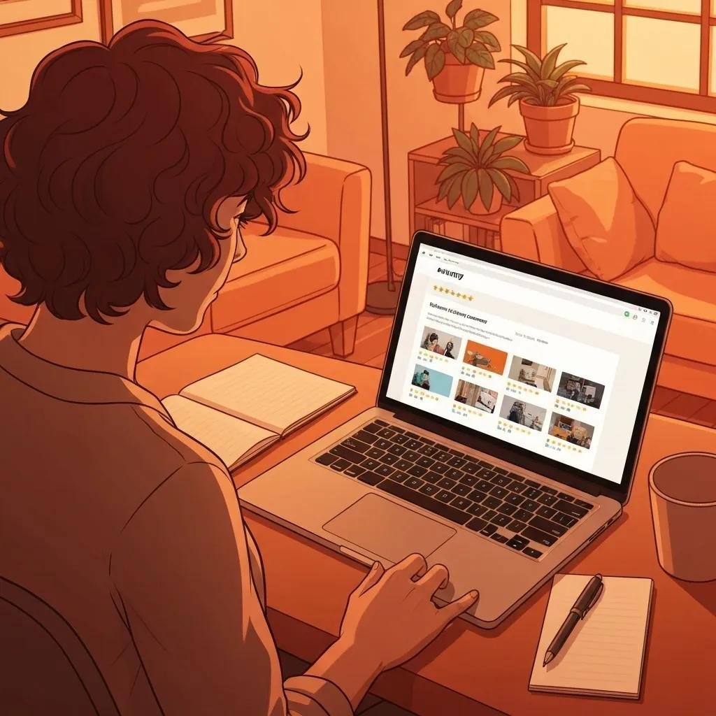 Person researching moving companies on a laptop in a cozy home office, highlighting the importance of thorough research