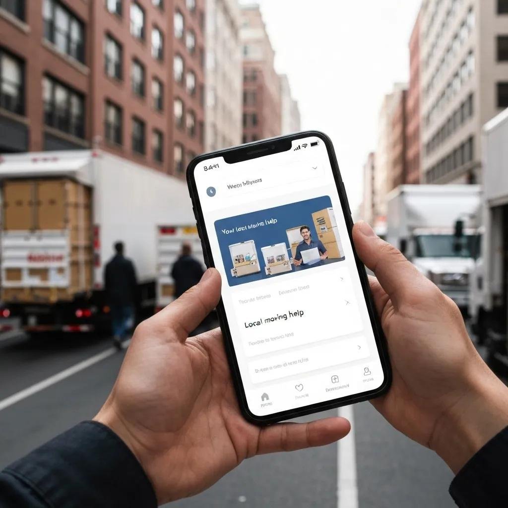 Person using a smartphone app to book a local moving service in an urban setting