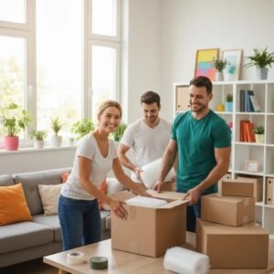 Professional movers packing boxes in a bright living room, showcasing teamwork and efficiency