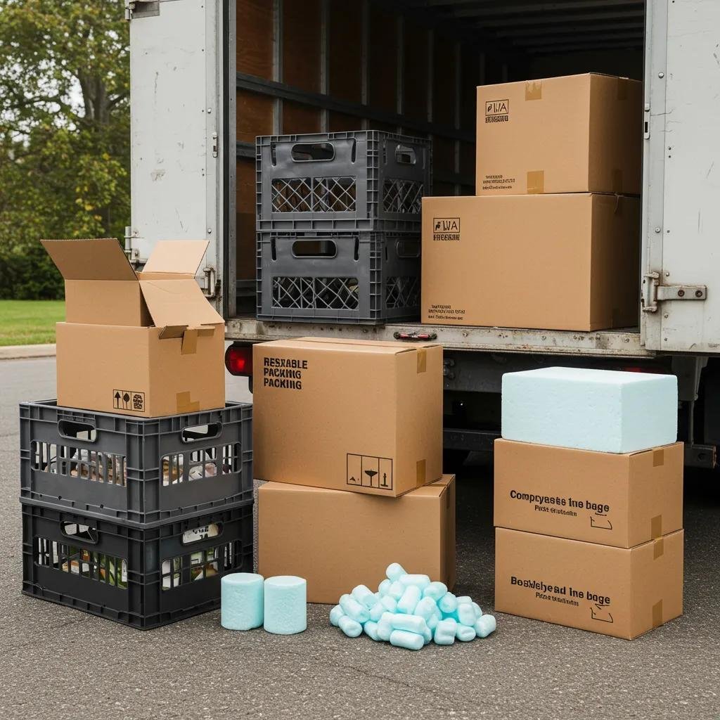 Sustainable packing options like reusable crates and recyclable boxes for environmentally conscious moving