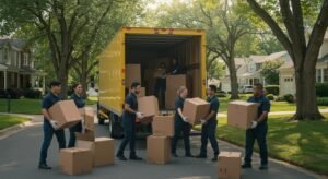 Local moving company team loading boxes into a truck in a suburban neighborhood