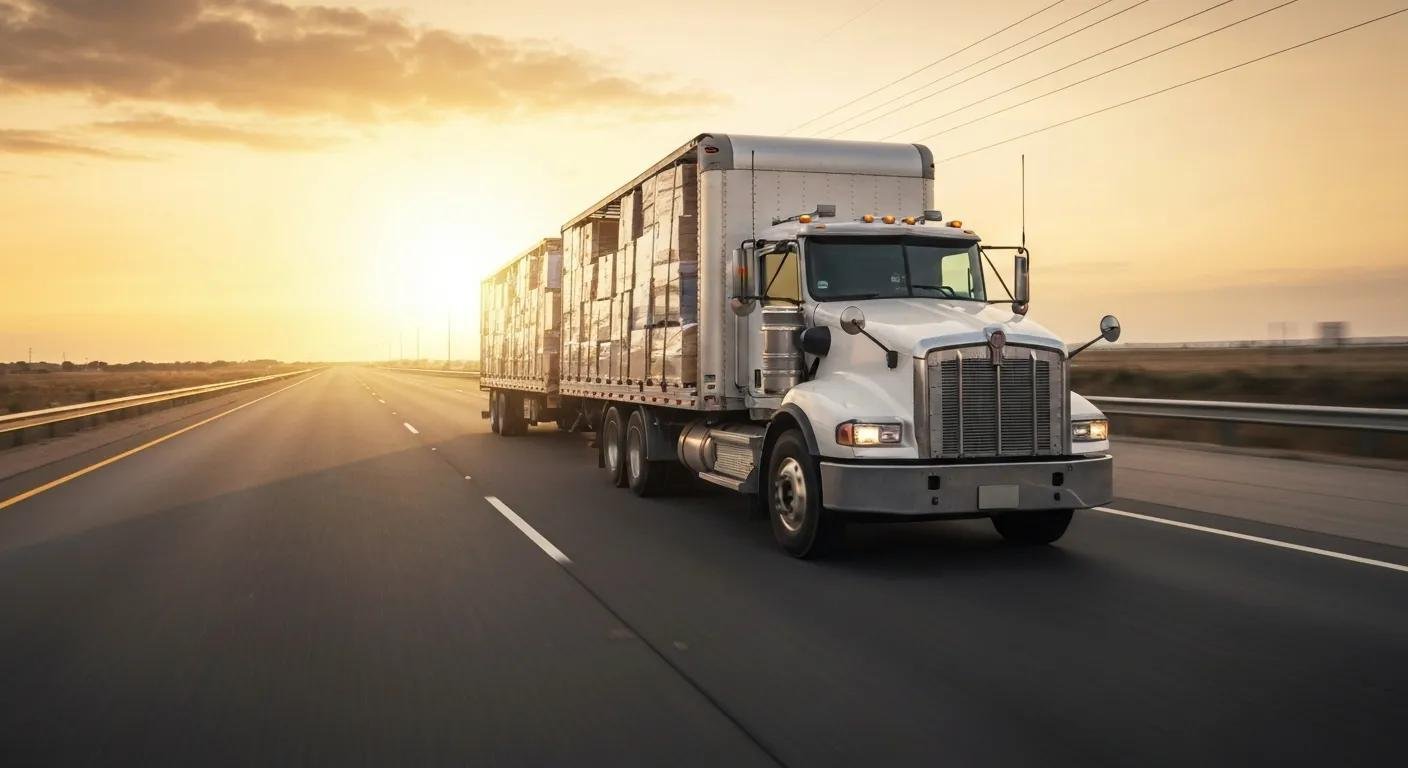 Long-distance moving truck on a highway, representing the journey and hidden fees associated with long distance moves