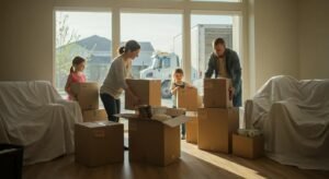 Family packing for a move with organized boxes and a moving truck