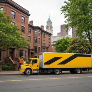 Moving truck in front of a Boston brownstone during a busy moving day