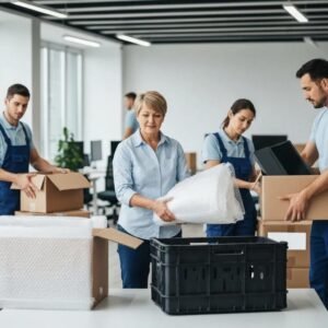 Professional movers packing office equipment, highlighting commercial packing services