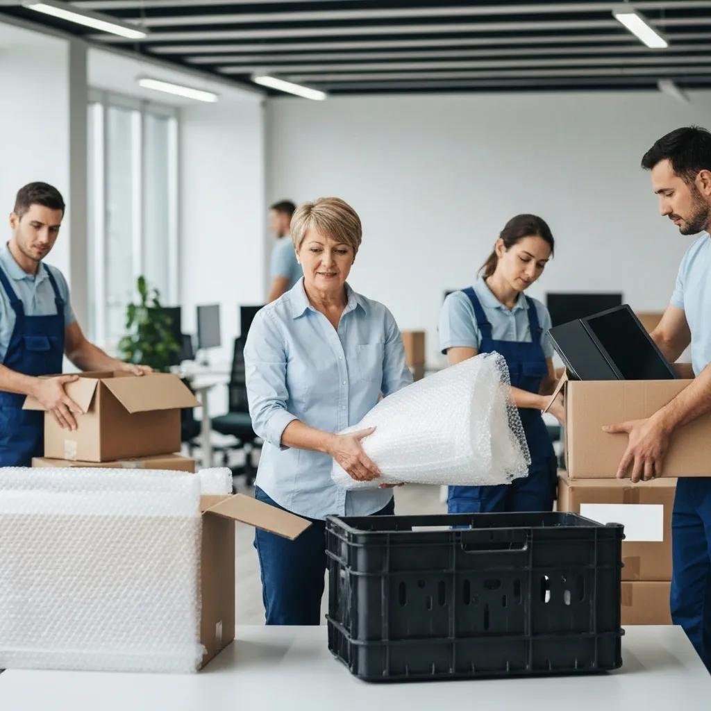 Professional movers packing office equipment, highlighting commercial packing services