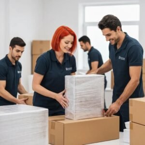 Professional packers efficiently wrapping and boxing items in a bright moving environment