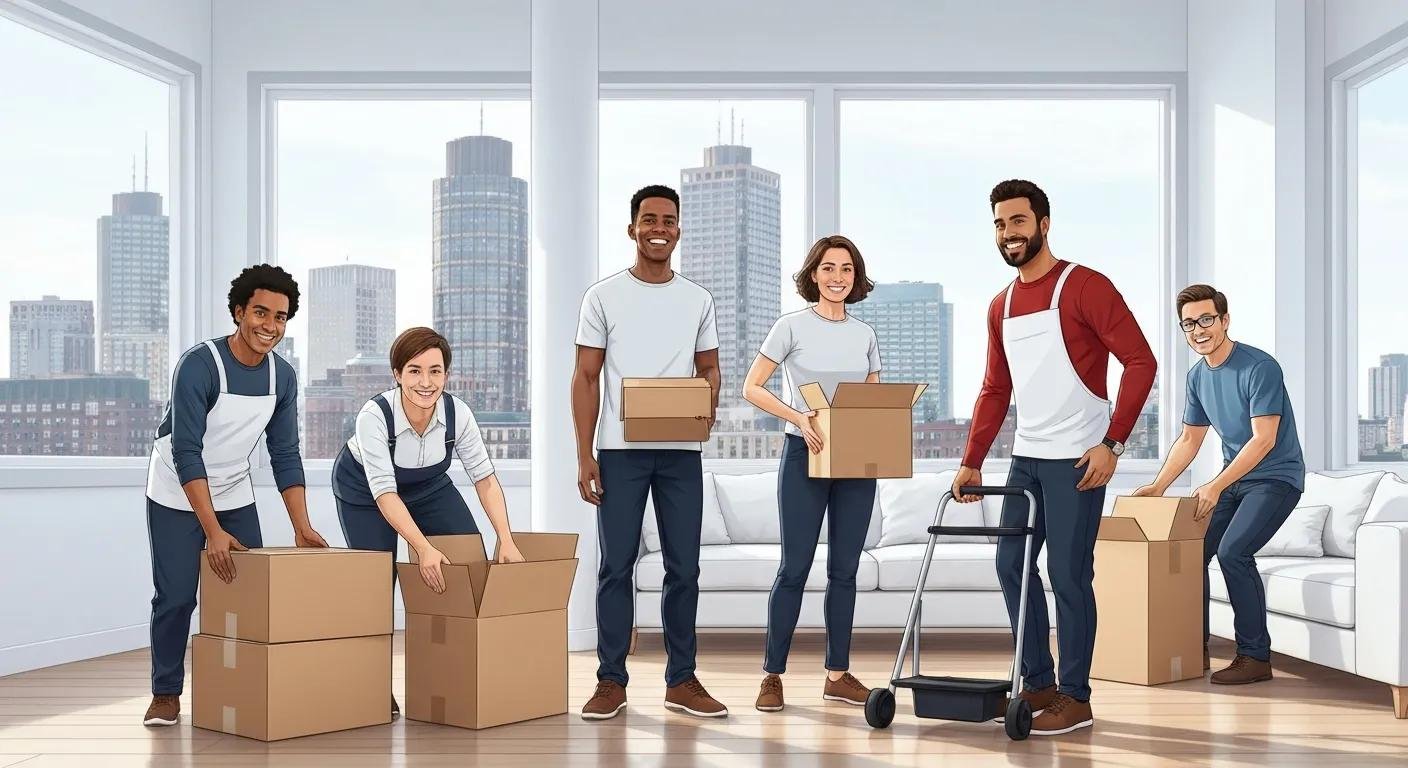 Affordable movers loading a truck in a Boston neighborhood