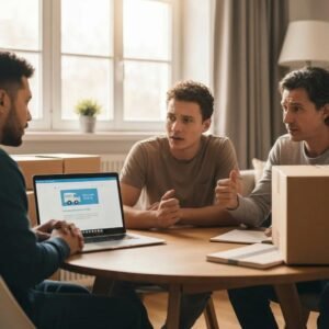 Family discussing moving plans in a cozy living room with moving boxes and a laptop