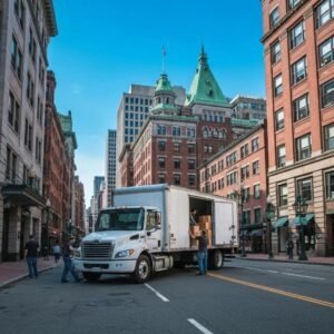 Moving truck in Boston street with movers loading boxes