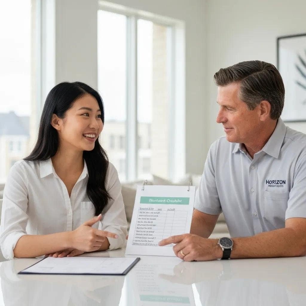 A satisfied customer reviews moving plans with a Horizon Boston Movers representative, highlighting strong customer satisfaction