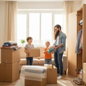 Family packing for a long distance move with boxes and supplies