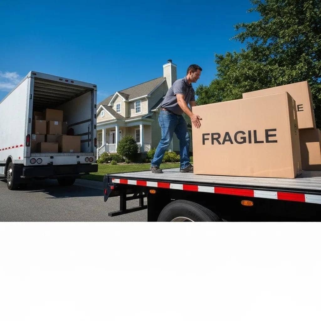 Mover loading a 'Fragile' box into a moving truck, highlighting the importance of moving insurance and liability protection