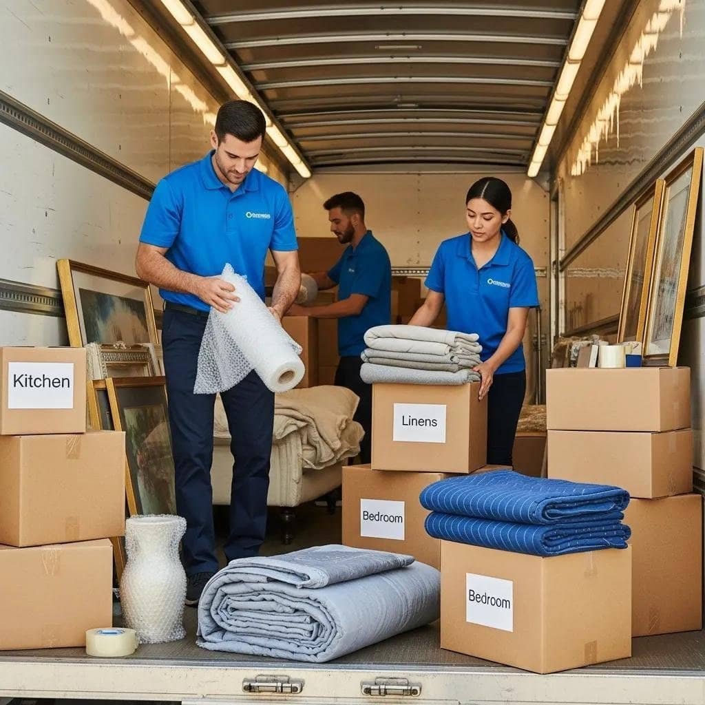 Local movers carefully packing boxes into a moving truck