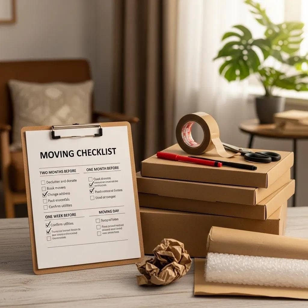 A neat moving checklist and packing supplies in a cozy home