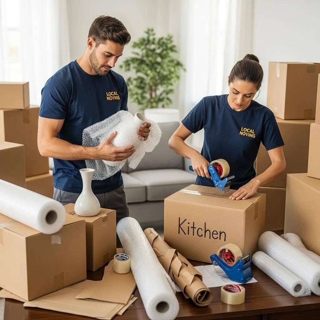 Movers carefully packing belongings using quality materials in an organized space