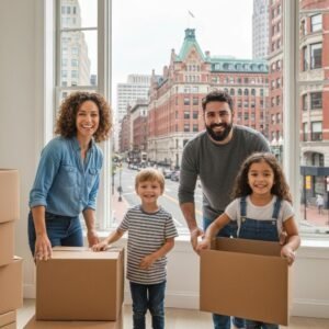 ### Key Elements

**Main Subjects**  
- A family of four: a woman, a man, a boy, and a girl.

**Objects**  
- Moving boxes, indicating a relocation or unpacking process.

**Notable Features**  
- Large windows with a city view showcasing urban architecture.
- The family is smiling and engaged, suggesting a positive atmosphere.

**Text/Symbols**  
- No visible text or symbols in the image.

### Overall Mood/Theme  
The image conveys a cheerful and optimistic mood, reflecting themes of family togetherness and new beginnings associated with moving into a new home. The warm expressions of the family members enhance the sense of joy and collaboration in their shared experience.