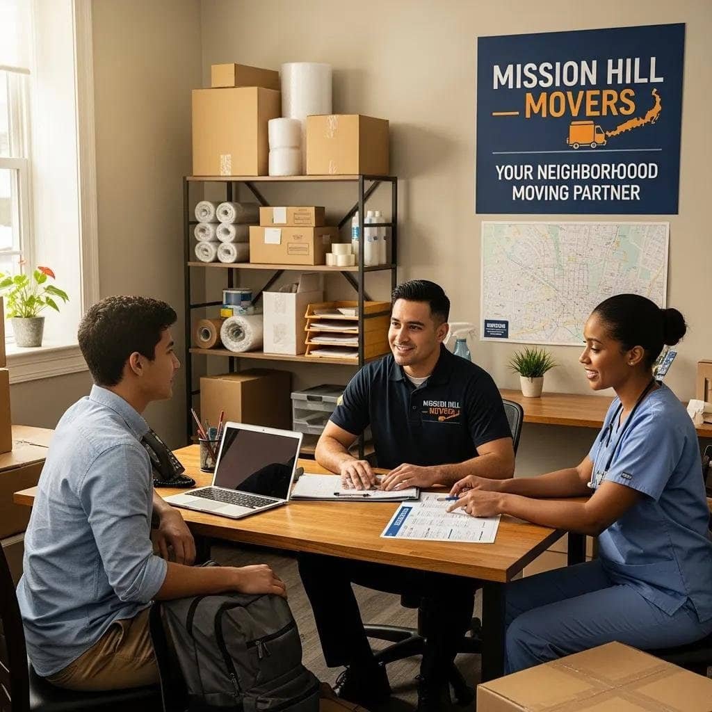 A college student and medical professional consulting with a mover about specialized moving services