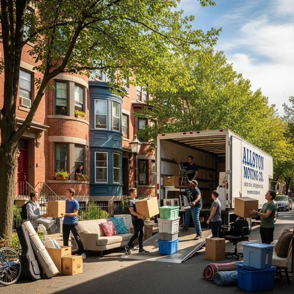 Allston-Brighton moving day scene with students and movers loading a truck