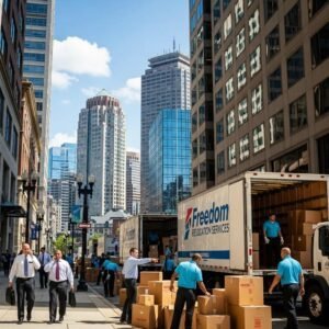 Boston cityscape with office buildings and moving trucks representing business relocation