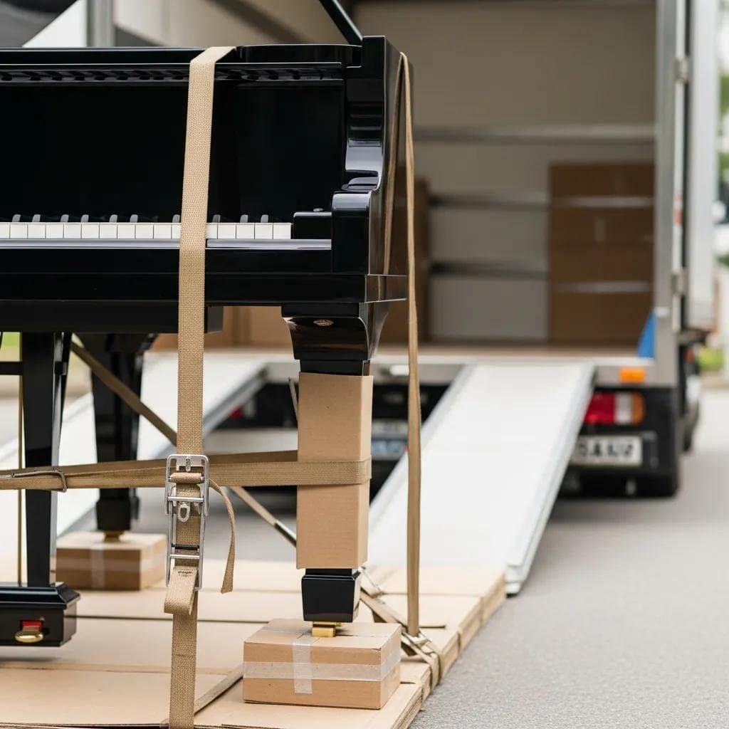 Piano wrapped with padding and secured with straps ready for transport